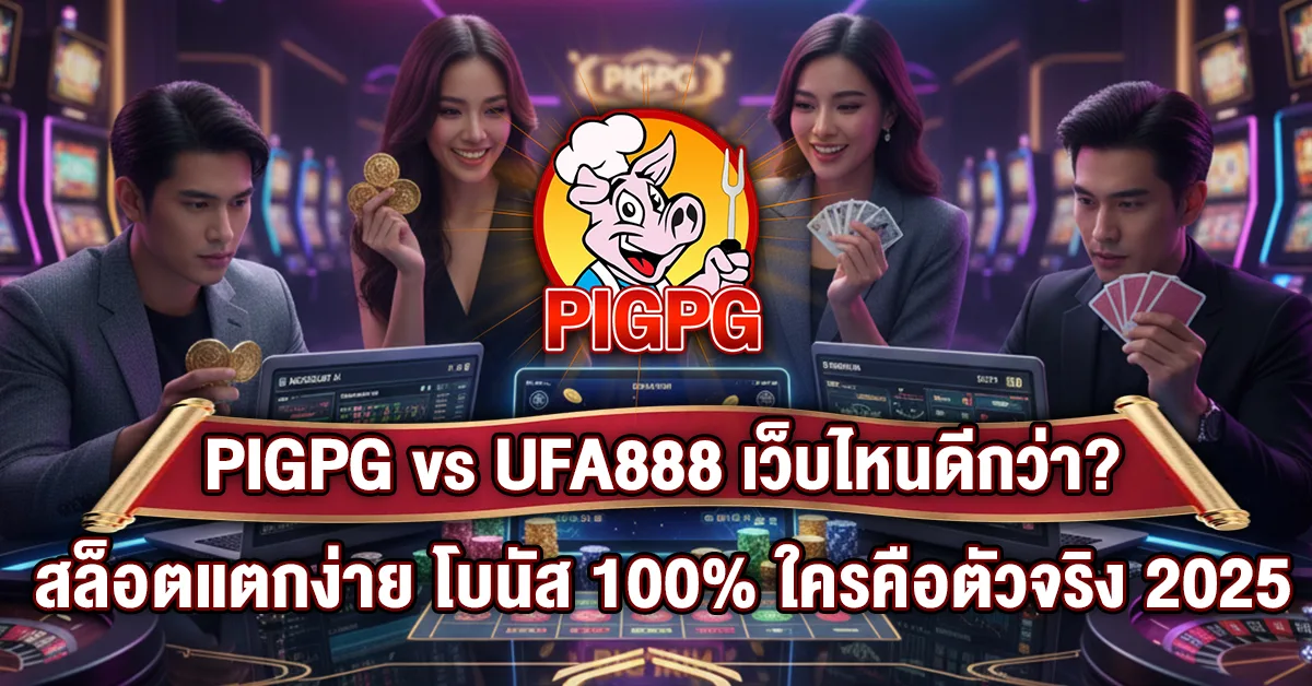 PIGPG vs UFA888: เว็บไหนดีกว่า? สล็อตแตกง่าย โบนัส 100% ใครคือตัวจริง 2025, โลโก้ PIGPG, ผู้เล่นคาสิโนกำลังถือเหรียญและไพ่, เปรียบเทียบเว็บตรง 2025