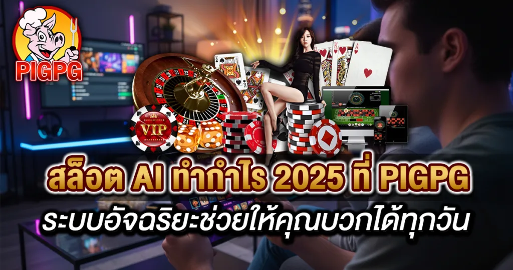 สล็อต AI ทำกำไร 2025 ที่ PIGPG ระบบอัจฉริยะช่วยบวกทุกวัน, โลโก้ PIGPG, การ์ด, รูเล็ต, ชิปคาสิโน, ผู้เล่นกำลังใช้แท็บเล็ต